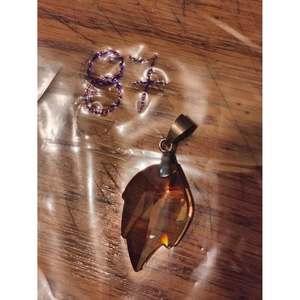 Amber Crystal Leaf Pendant 925 Sterling Silver Bail Brown Charm Womens Vintage